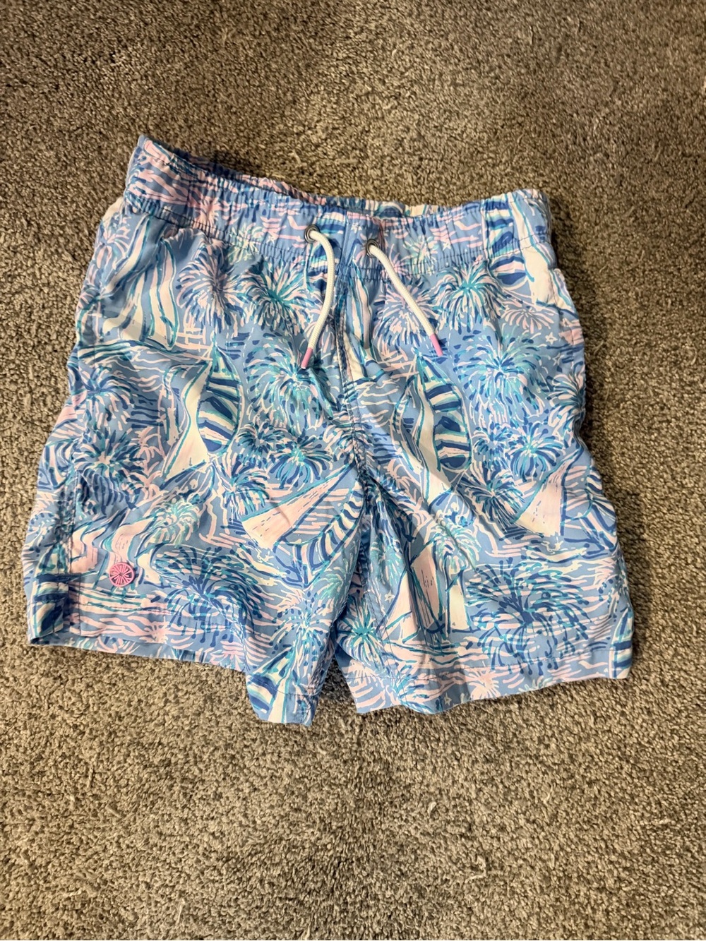 Lilly Pulitzer Kids Blue and Pink Sailboat Swim Trunks